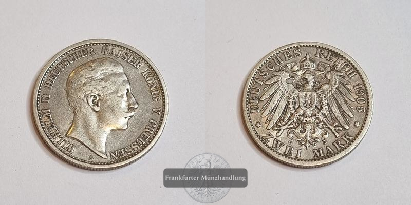  Dt. Kaiserreich Preussen 2 Mark 1905 A Wilhelm II FM-Frankfurt KM#522 Feinsilber: 10g   