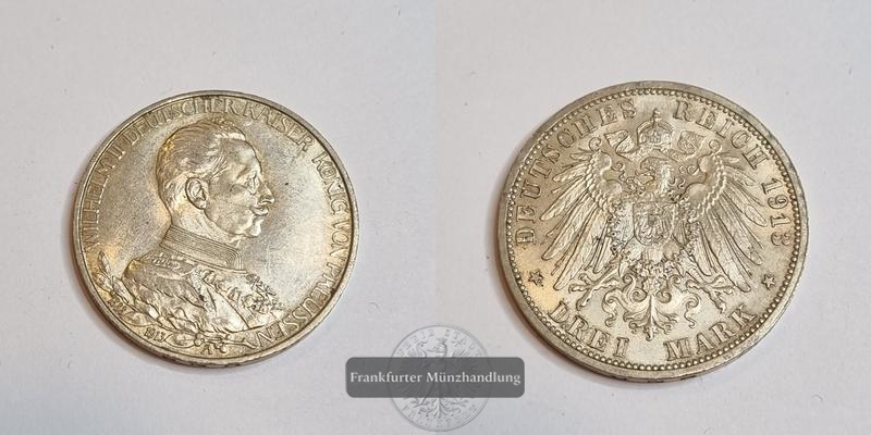  Dt. Kaiserreich. 3 Mark Wilhelm II Preußen 1913 Uniform A FM-Frankfurt KM#535 Feinsilber: 15g   