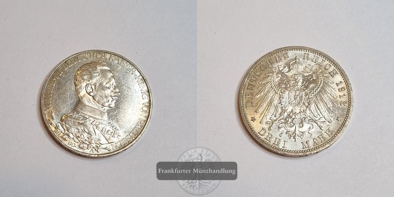  Dt. Kaiserreich. 3 Mark Wilhelm II Preußen 1913 Uniform A FM-Frankfurt KM#535 Feinsilber: 15g   