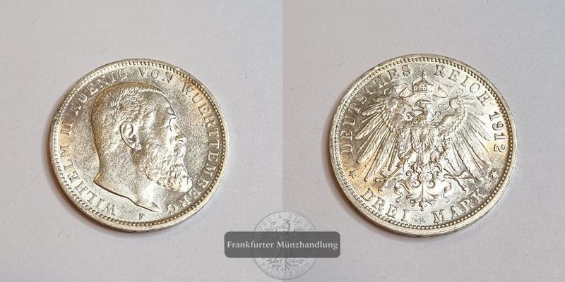  Kaiserreich Württemberg 3 Mark  1912 F  Wilhelm II. 1891-1918 FM-Frankfurt Feinsilber: 15g   
