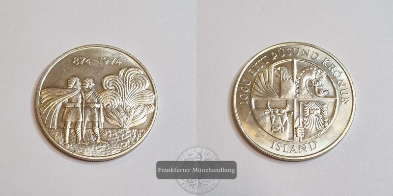  Island 1000 Kronen 1974 Erste Besiedlund Islands FM-Frankfurt Feinsilber: 27,75g   