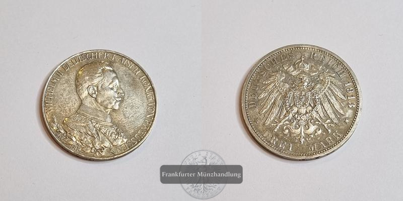  Dt. Kaiserreich 3 Mark Wilhelm II Preußen 1913 Uniform A FM-Frankfurt KM#535 Feinsilber: 15g   