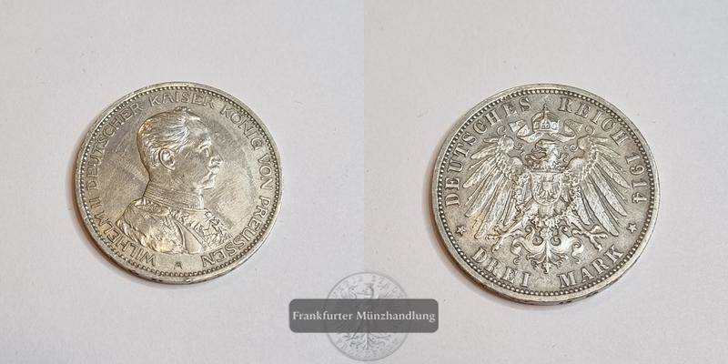  Dt. Kaiserreich 3 Mark Wilhelm II Preußen 1913 Uniform A FM-Frankfurt KM#535 Feinsilber: 15g   