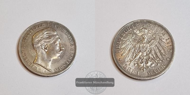  Dt. Kaiserreich Preussen 3 Mark 1912 A Wilhelm II FM-Frankfurt KM#527 Feinsilber: 15g   