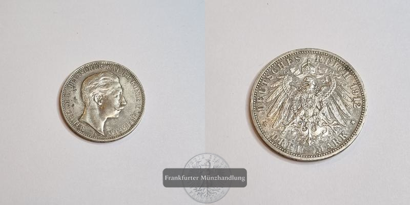  Dt. Kaiserreich Preussen 3 Mark 1912 A Wilhelm II FM-Frankfurt KM#527 Feinsilber: 15g   