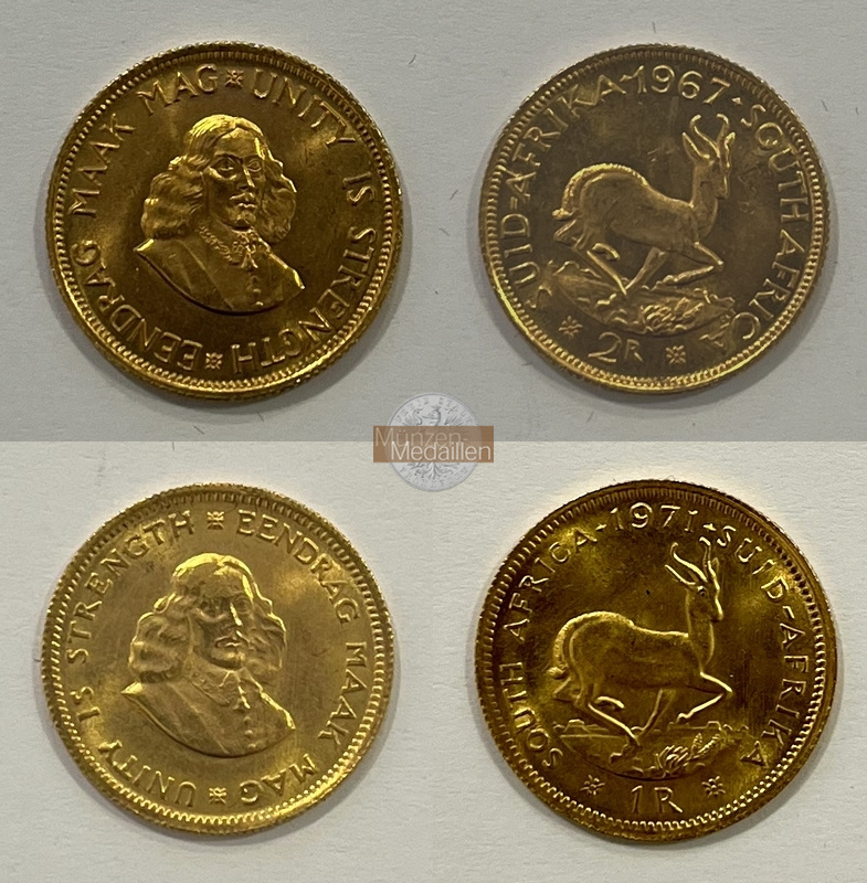  Südafrika 1 & 2 Rand 1971/1967.  MM-Frankfurt Feingold: 10,98g   