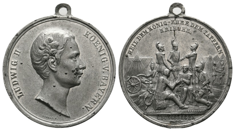  Medaille; Bayern; Ludwig II; Übungslager; Zinn; tragbar; 22,86 g; Ø 41,0 mm   