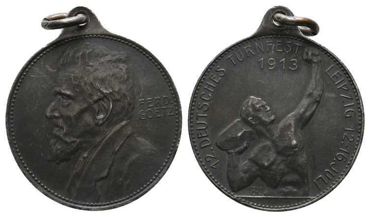  Medaille; 12. Turnfest 1913 in Leipzig; silber; gehenkelt; 12,28 g; Ø 29,85 mm   