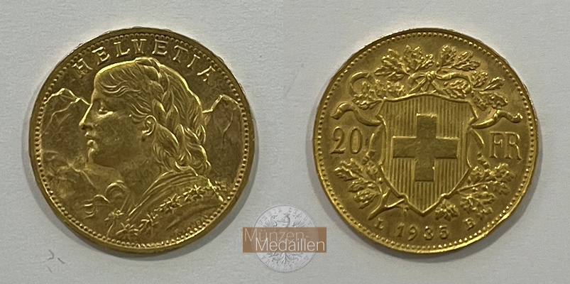  Schweiz 20 Francs Helvetia 1935 KM#35.1 MM-Frankfurt Feingold: 5,81g   