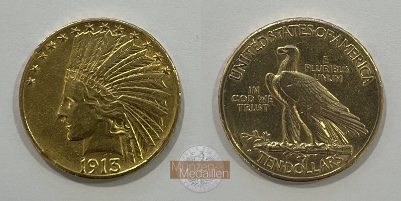  USA 10 Dollar Eagle Indian Head 1913 KM#130 MM-Frankfurt Feingold: 15,05g   