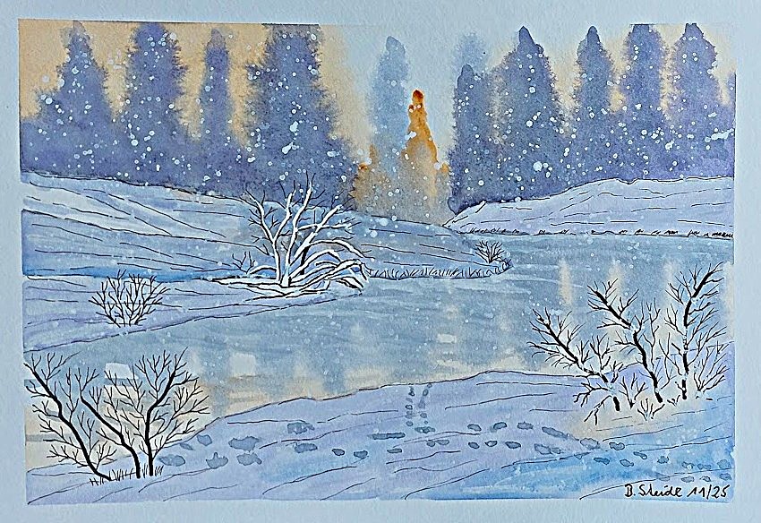  0043-AQUARELLBILD / WINTERWALD AM FLUß / FORMAT A4 (21x29,7cm) / 11/2025   
