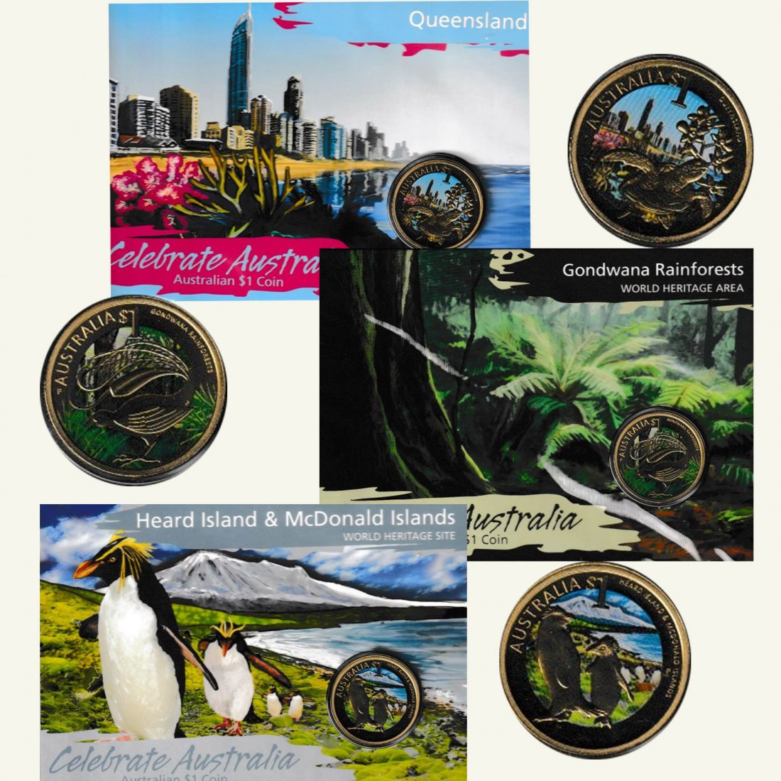  Offiz. 3 x 1-Dollar-Sammlermünze coloriert Australien *World Heritage Area* 2009-2011   