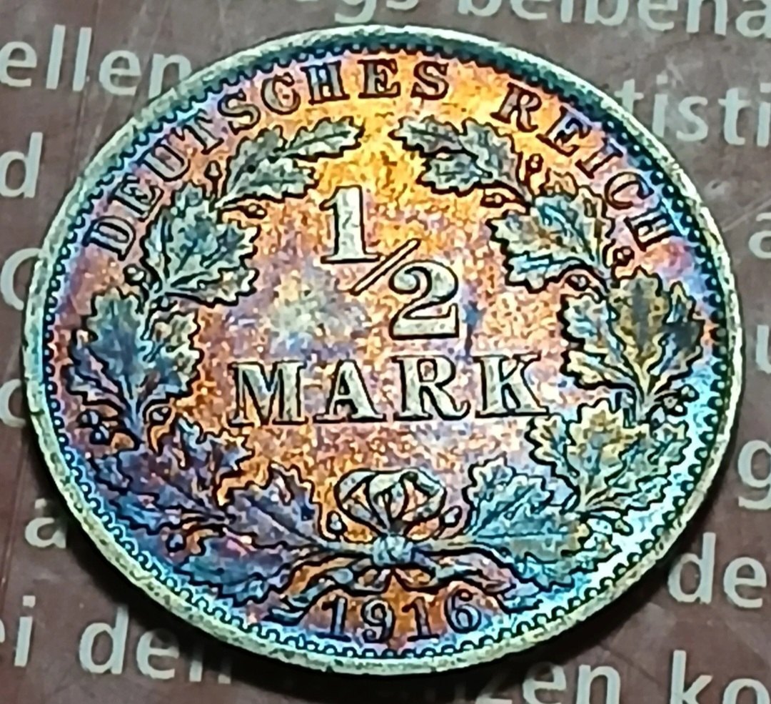  1/2 Mark Kaiserreich 1916 A Sehr schöne Patina Rainbow   