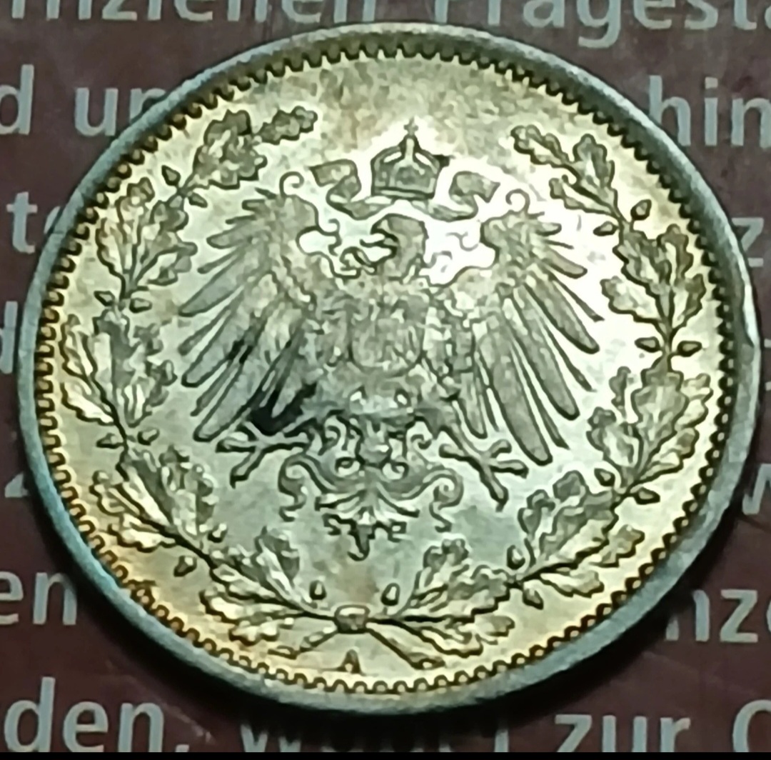  1/2 Mark Kaiserreich 1916 A Sehr schöne Patina Rainbow   