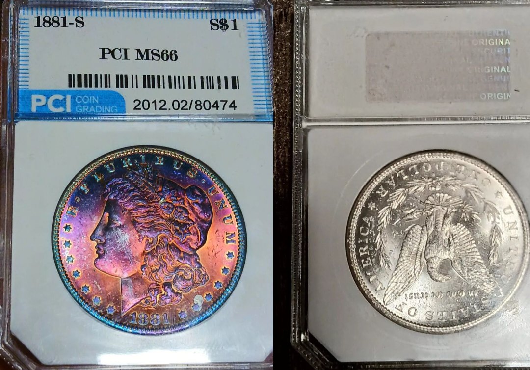  USA Morgan Dollar 1881 Rainbow Tönung Hammer very rare   