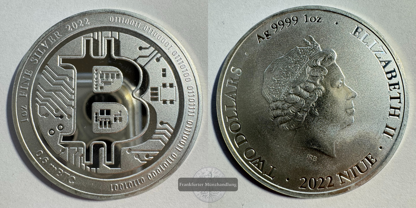  Niue 2 Dollars Elizabeth II (Bitcoin) 2022 FM-Frankfurt KM#4861 Feinsilber: 31,1g   