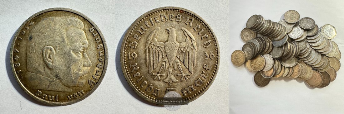  Dt. Reich 80x 5 Reichsmark (77x Hindenburg, 3x Church) 1934-1936 FM-Frankfurt Feinsilber: 1000g/1kg   
