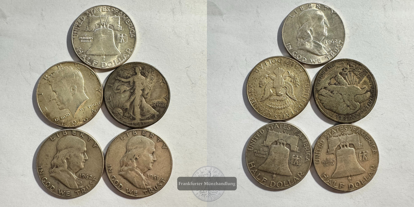  USA 5x Half Dollar Div. Jg. FM-Frankfurt Feinsilber: 56,25g   