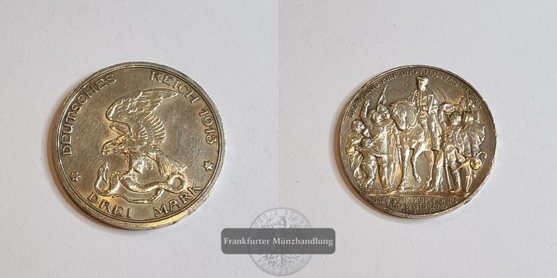  Deutsches Kaiserreich Preussen 3 Mark 1913 Befreiung J#110 FM-Frankfurt Feinsilber: 15g   