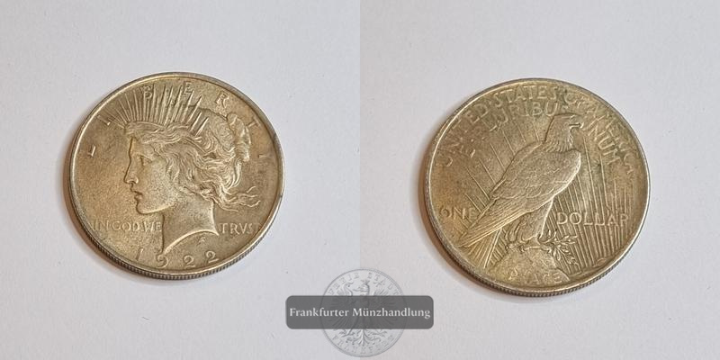  USA 1 Dollar 1922 Peace Dollar FM-Frankfurt Feinsilber: 24,03g   