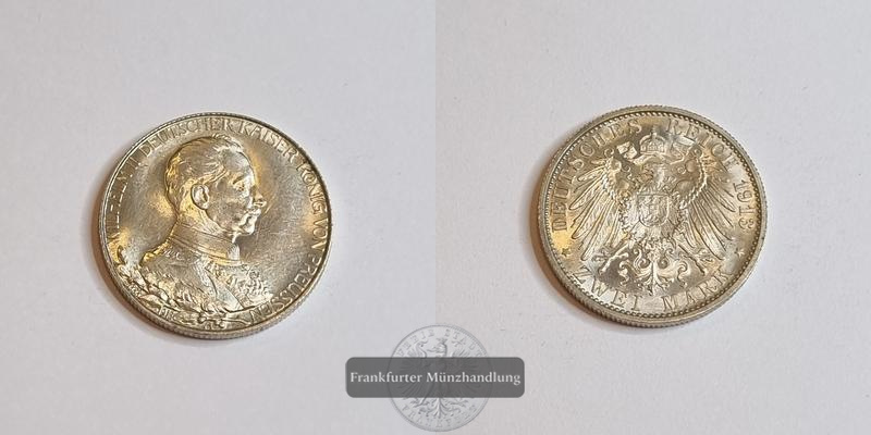  Deutschland Kaiserreich 2 Mark 1913 Wilhelm II. FM-Frankfurt Feinsilber: 9,99g   