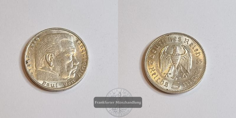  Deutschland Deutsches Reich 5 Reichsmark 1935 FM-Frankfurt Feinsilber: 12,49g   