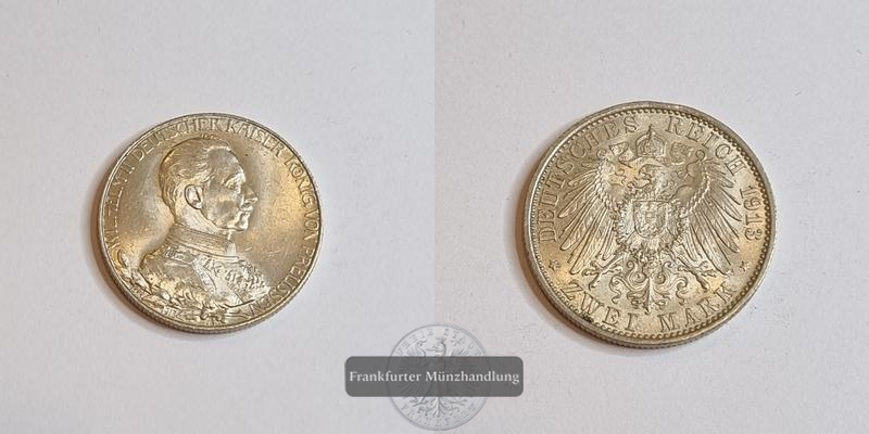  Deutschland Kaiserreich 2 Mark 1913 Wilhelm II. FM-Frankfurt Feinsilber: 9,99g   
