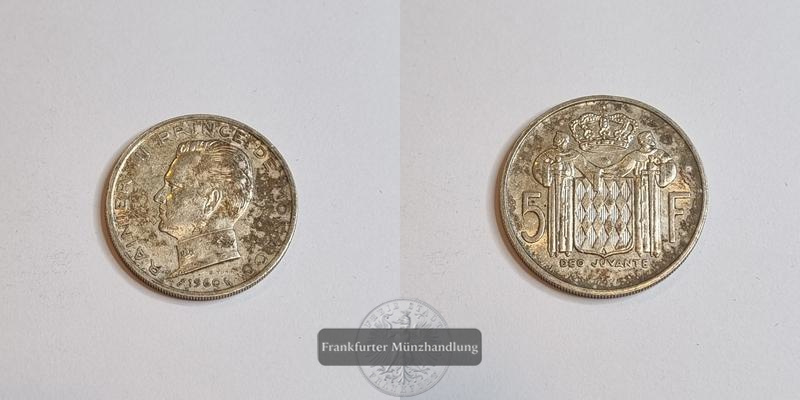  Monaco  5 Francs 1960    Prinz Rainer III.   FM-Frankfurt  Feinsilber: 10,02g   