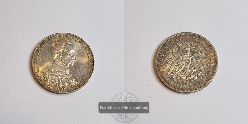  Dt. Kaiserreich 3 Mark Wilhelm II Preußen 1913 Uniform A FM-Frankfurt KM#535 Feinsilber: 15g   