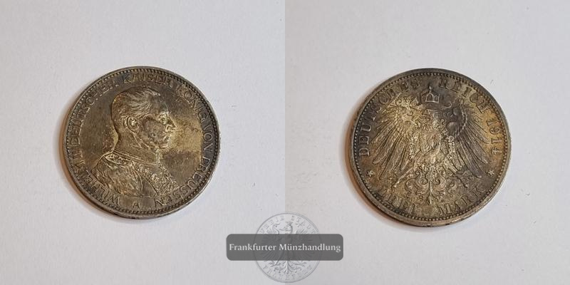  Deutschland Kaiserreich 3 Mark Wilhelm II Preußen 1914 A Uniform FM-Frankfurt KM#538 Feinsilber: 15g   