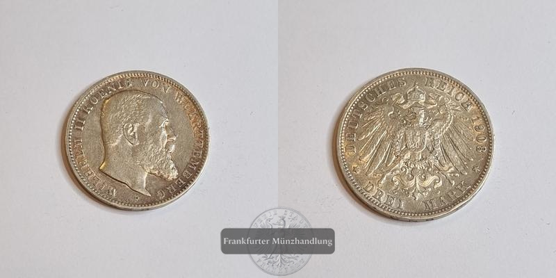  Kaiserreich Württemberg 3 Mark  1912 (1908-14) F Wilhelm II. FM-Frankfurt KM#635 Feinsilber: 15g   