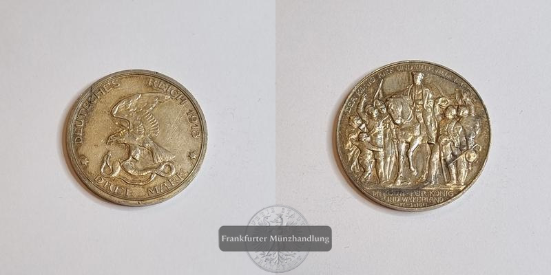 Deutsches Kaiserreich Preussen 3 Mark 1913 Befreiung J#110 FM-Frankfurt Feinsilber: 15g   