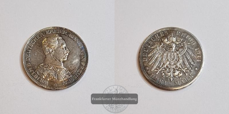  Deutschland Kaiserreich 3 Mark Wilhelm II Preußen 1914 A Uniform FM-Frankfurt KM#538 Feinsilber: 15g   