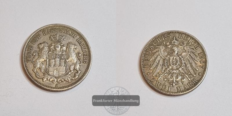  Deutschland Kaiserreich Hansestadt Hamburg 2 Mark 1907 [J] FM-Frankfurt Feinsilber: 9,99g   