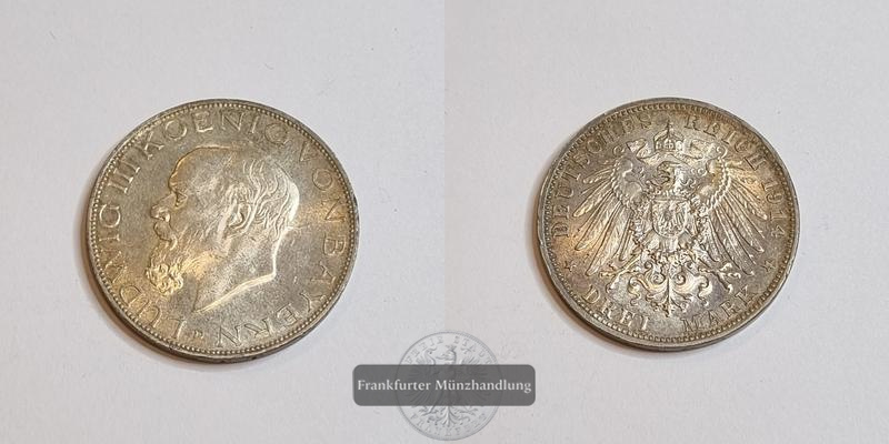  Deutsches Kaiserreich Bayern, Ludwig III.  3 Mark 1914 D  FM-Frankfurt  Feinsilber: 15g   