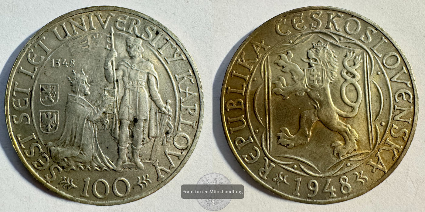  Tschechoslowakei 100 Korun (Charles University) 1948 FM-Frankfurt KM#26 Feinsilber: 7g   