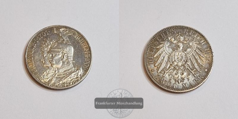  Deutschland Kaiserreich 2 Mark 1901 200 Jahre Preußen FM-Frankfurt KM#525 Feinsilber: 10g   