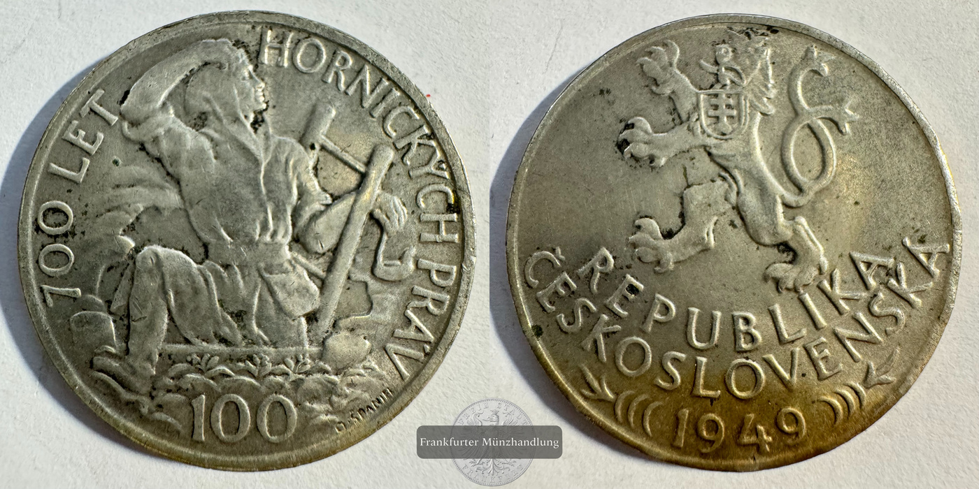  Tschechoslowakei 100 Korun (Jihlava Mining Privileges) 1949 FM-Frankfurt KM#29 Feinsilber: 7g   