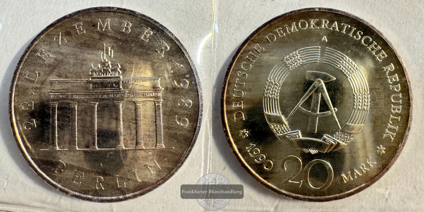  DDR 20 Mark Brandenburg Gate 1990 FM-Frankfurt KM#139a Feinsilber: 18,2g   