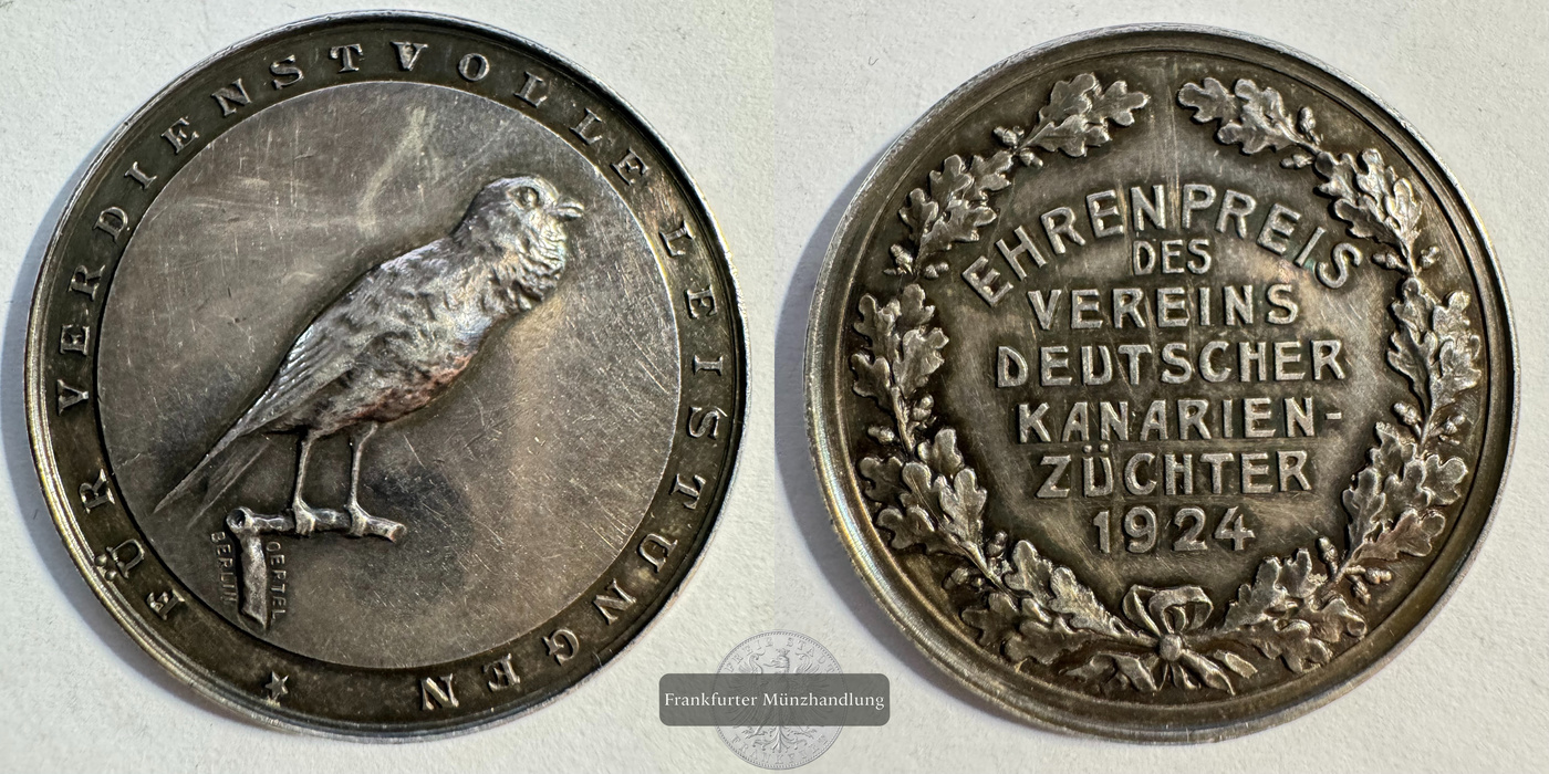  DE Silbermed. Ehrenpreis des dt. Vereins Dt. Kanarienzüchter 1924 FM-Frankfurt Feinsilber: 15,5g   