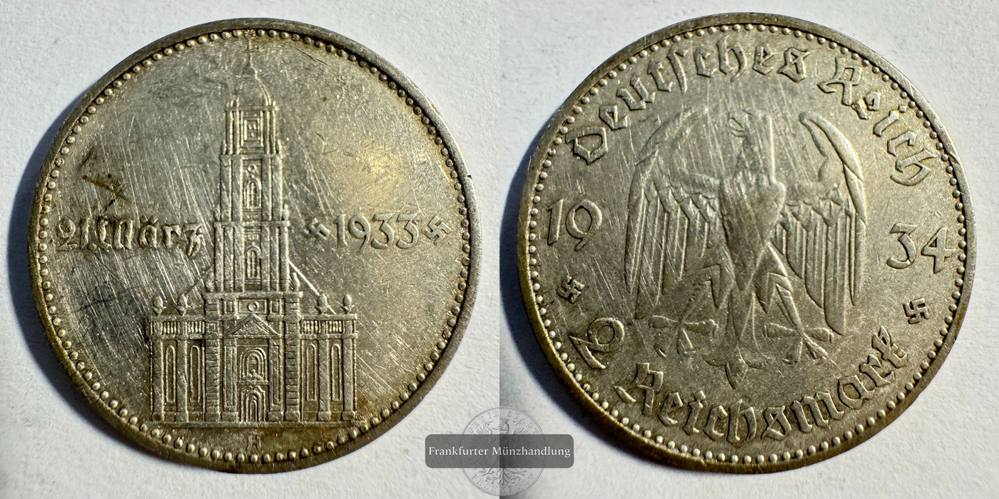  Dt. Reich 2 Reichsmark 1934 A Garnisonkirche Potsdam FM-Frankfurt KM#81 Feinsilber: 5g   