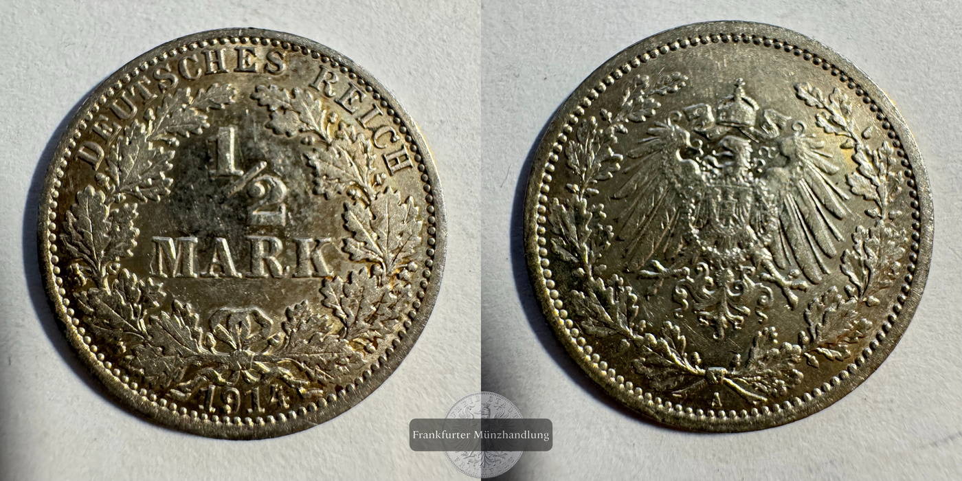  Dt. Reich ½ Mark Wilhelm II 1914 (1905-1919) FM-Frankfurt KM#17 Feinsilber: 2,5g   