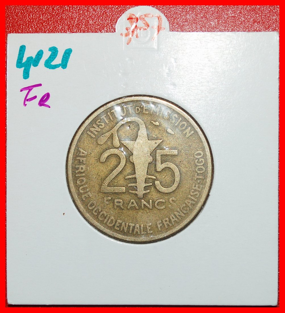 Ⰿ GOLD SCHWERTFISCH FRANKREICH: FRANZÖSISCH-WESTAFRIKA★ 25 FRANCS 1957 TOGO! PACKUNG★OHNE VORBEHALT!