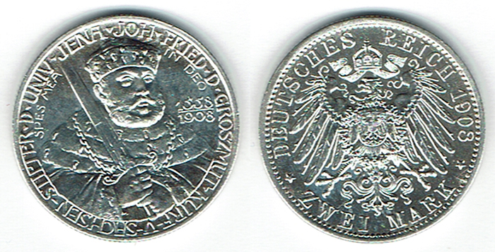  SZAIVERT DEUTSCHES KAISERREICH SACHSEN-WEIMAR-EISENACH 2 MARK 1908 350 JAHRE UNIVERSITÄT JENA   