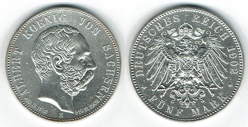  SZAIVERT DEUTSCHES KAISERREICH KÖNIGREICH SACHSEN ALBERT 5 MARK 1902 E AUF DEN TOD DES KÖNIGS   