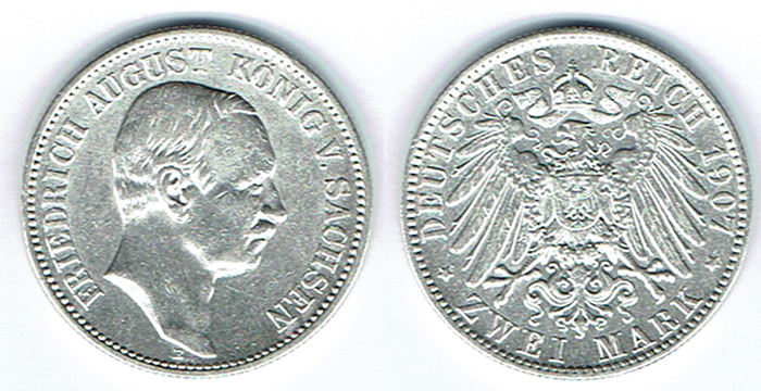  SZAIVERT DEUTSCHES KAISERREICH KÖNIGREICH SACHSEN FRIEDRICH AUGUST III. 2 MARK 1907 E   