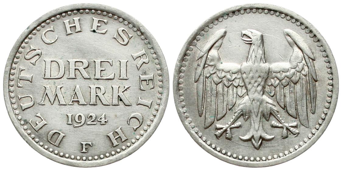  Weimarer Republik: 3 Mark 1924 E, Silber, J. 312, Top-Erhaltung, siehe Bilder   