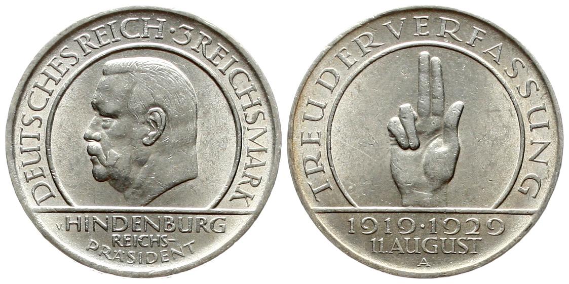  Weimarer Repuplik: 3 Mark 1929 A, Schwurhand, auf die Verfassung, Erhaltung!   