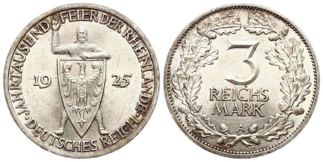  Weimarer Repuplik: 3 Mark 1925 A, J 321, Rheinlandfeier, 1000 Jahre, wunderbare alte Patina!   