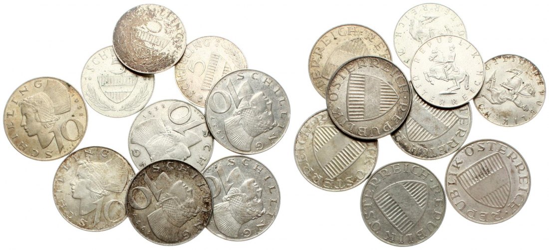  Österreich: Feines Silberlot von 9 Silbermünzen, 60,6 g. brutto, 38,40 gr. Feinsilber, siehe Bilder!   